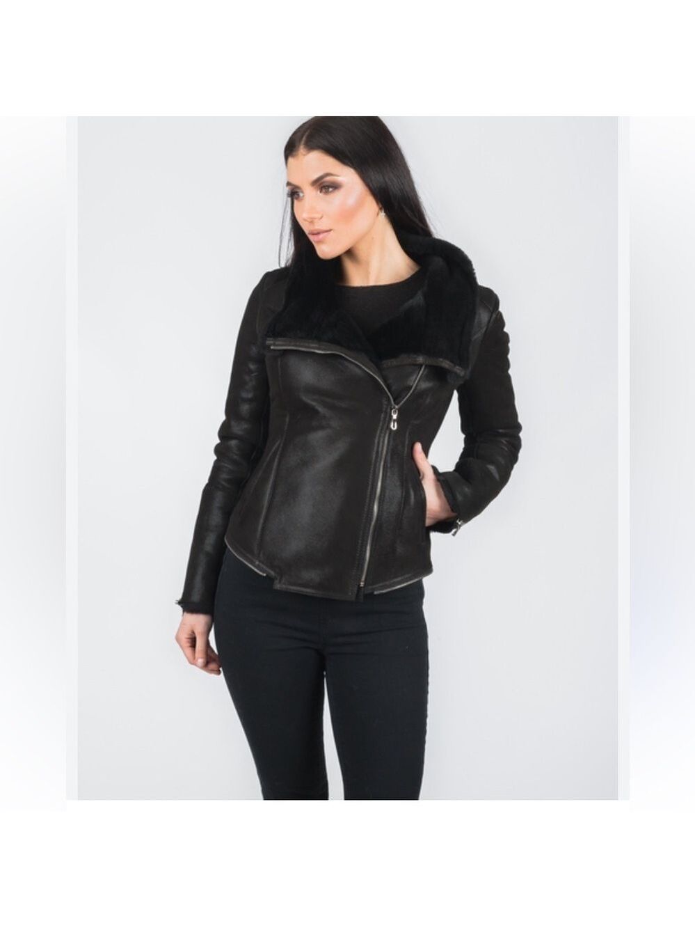 Women's Le Château Black Shearling Leather Jacket S
